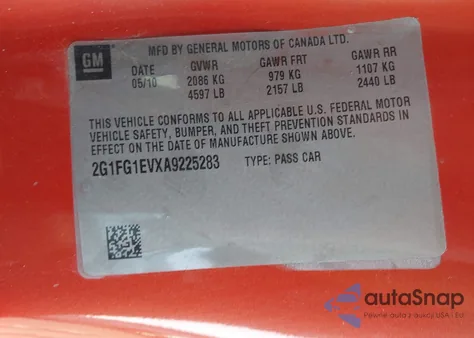 2010 Chevrolet Camaro 2Lt из США, поврежденный, VIN 2G1FG1EVXA9225283